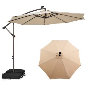 10 Feet Cantilever Umbrella with 32 LED Lights and Solar Panel Batteries Beige |   Outdoor Umbrellas Outdoor Shades Beige