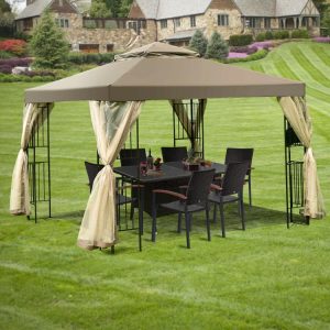 10 Feet x 10 Feet Awning Patio Screw-free Structure Canopy Tent Dark Brown |   Gazebos Gazebos Dark Brown