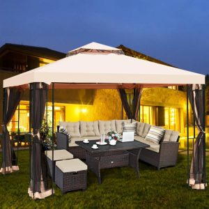 10 x 10 Feet 2-Tier Vented Metal Canopy with Mosquito Netting Light Brown |   Gazebos Gazebos Gazebos