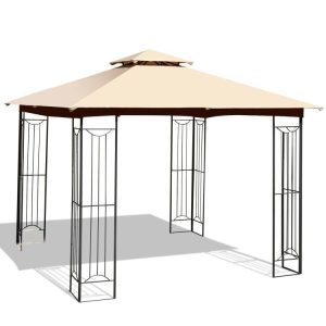 10 x 10 Feet L-Shaped Patio Canopy Gazebo Outdoor 2-Tier Steel Tent Beige |   Gazebos Gazebos Beige