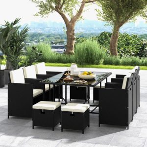 11 Piece Patio Dining Set Wicker Chairs and Tempered Glass Table with Waterproof Cushions Black & White |   Patio Dining Sets Outdoor & Patio Furniture Black, White