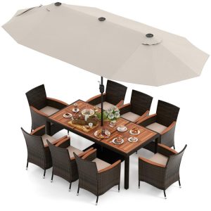 11 Pieces Patio Dining Set with 15 Feet Double-Sided Patio Umbrella and Base Beige |   Patio Dining Sets Outdoor & Patio Furniture Beige