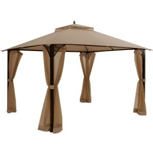 12 x 10 Feet Outdoor Double Top Patio Gazebo with Netting Brown |   Gazebos Gazebos Brown