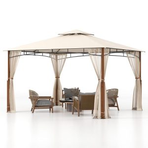 12 x 10 Feet Outdoor Patio Gazebo with Netting and 2-Tier Canopy Roof Beige |   Gazebos Gazebos Beige