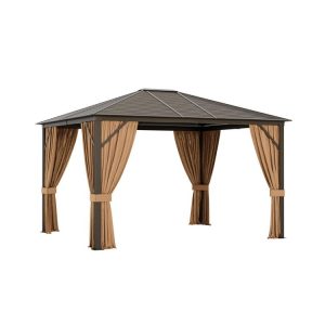 12 x10 Feet Outdoor Hardtop Gazebo with Galvanized Steel Top and Netting Brown |   Gazebos Gazebos Brown