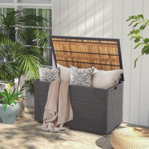 134 Gallon Rattan Storage Box with Zippered Liner and Solid Acacia Wood Top  |   Sheds & Outdoor Storage Outdoor Storage & Garages Sheds & Outdoor Storage