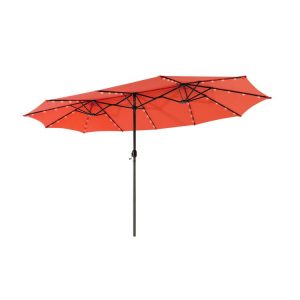 15 Feet Twin Patio Umbrella with 48 Solar LED Lights Orange |   Outdoor Umbrellas Outdoor Shades Orange