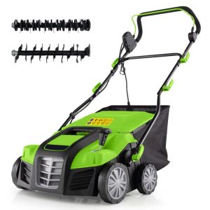 16-Inch Electric Lawn Dethatcher and Scarifier with Collection Bag Green |   Garden Tools Garden Garden Tools