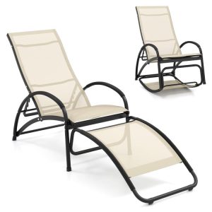 2-in-1 Outdoor Rocking Chair with 4-Position Adjustable Backrest for Patio Porch Poolside Beige |   Patio Rocking Chairs & Gliders Outdoor & Patio Furniture Beige