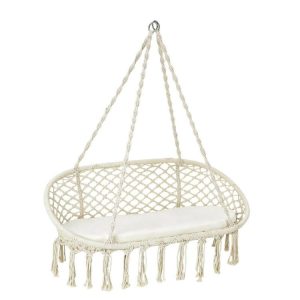 2 Person Hanging Hammock Chair with Cushion Macrame Swing Beige |   Hammocks Hammocks Beige