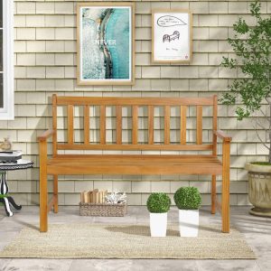 2-Person Outdoor Acacia Wood Bench with Backrest  |   Outdoor Benches Outdoor & Patio Furniture Outdoor Benches