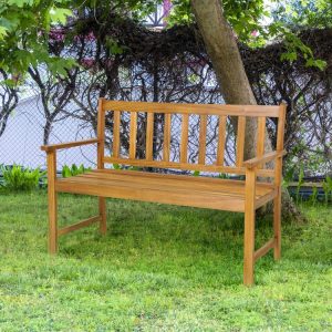 2-Person Patio Acacia Wood Bench with Backrest and Armrests Natural |   Outdoor Benches Outdoor & Patio Furniture Natural