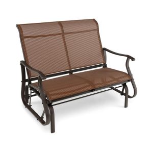 2-Person Patio Glider Bench with High Back and Curved Armrests Brown |   Patio Rocking Chairs & Gliders Outdoor & Patio Furniture Brown