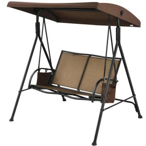 2-Person Patio Swing with Adjustable Canopy and 2 Storage Pocket Brown |   Porch Swings Outdoor & Patio Furniture Brown