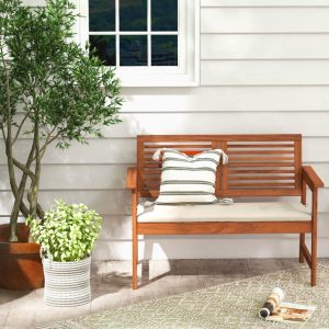 2-Person Solid Wood Patio Bench with Backrest and Cushion  |   Outdoor Benches Outdoor & Patio Furniture Outdoor Benches