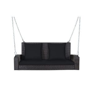 2-Person Wicker Hanging Porch Swing with 2 Back Cushions and 1 Seat Cushion Black |   Porch Swings Outdoor & Patio Furniture Black