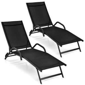 2 Pieces Outdoor Chaise Lounge with 5-Position Adjustable Backrest Black |   Outdoor Chaise Lounges Outdoor & Patio Furniture Black