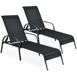 2 Pieces Outdoor Patio Lounge Chair Chaise Fabric with Adjustable Reclining Armrest Black |   Outdoor Chaise Lounges Outdoor & Patio Furniture Black