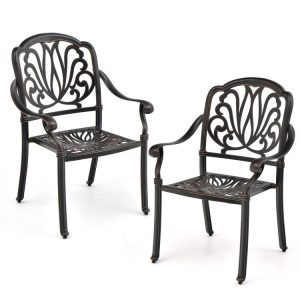 2 Pieces Patio Cast Aluminum Dining Chairs with Armrests Bronze |   Patio Dining Chairs Outdoor & Patio Furniture Bronze