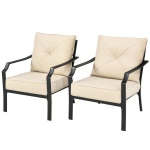 2 Pieces Patio Dining Set with Padded Cushions Armrest and Steel Frame Beige |   Patio Dining Chairs Outdoor & Patio Furniture Beige