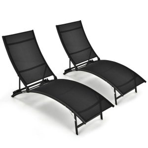 2 Pieces Patio Folding and Stackable Chaise Lounge Chair with 5-Position Adjustment Black |   Outdoor Chaise Lounges Outdoor & Patio Furniture Black