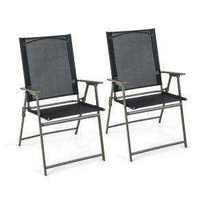 2 Pieces Patio Folding Chairs with Armrests for Deck Garden Yard Black & Gray |   Patio Dining Chairs Outdoor & Patio Furniture Black & Gray