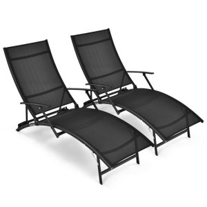 2 Pieces Patio Folding Stackable Lounge Chair Chaise with Armrest Black |   Outdoor Chaise Lounges Outdoor & Patio Furniture Black