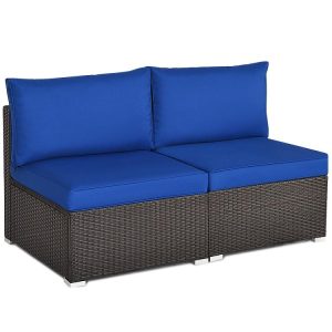 2 Pieces Patio Rattan Armless Sofa Set with 2 Cushions and 2 Pillows Navy |   Outdoor Sectionals Outdoor & Patio Furniture Navy