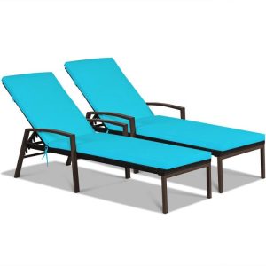 2 Pieces Patio Rattan Reclining Chaise Lounge Chair with Cushion and Armrest Turquoise |   Outdoor Chaise Lounges Outdoor & Patio Furniture Outdoor Chaise Lounges