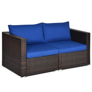 2 Pieces Patio Rattan Sectional Conversation Sofa Set Navy |   Outdoor Sectionals Outdoor & Patio Furniture Navy