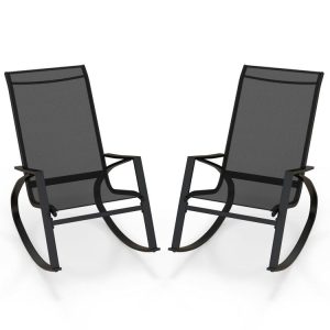 2 Pieces Patio Rocking Chairs Outdoor Sling Fabric Rockers with Ergonomic Backrest and Seat Black |   Patio Rocking Chairs & Gliders Outdoor & Patio Furniture Black