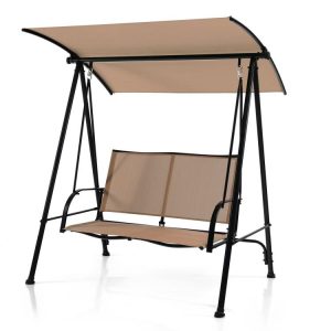 2-Seat Outdoor Canopy Swing with Comfortable Fabric Seat and Heavy-duty Metal Frame Beige |   Porch Swings Outdoor & Patio Furniture Beige