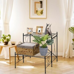 2-Tier Metal Plant Stand Garden Shelf Black |   Plant Stands Garden Black