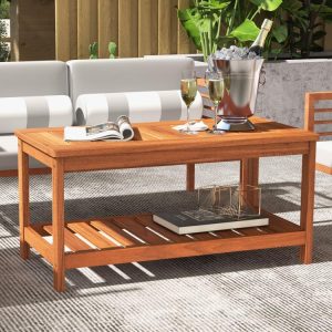 2-Tier Patio Coffee Table with Slatted Tabletop and Shelf Natural |   Patio Tables Outdoor & Patio Furniture Natural