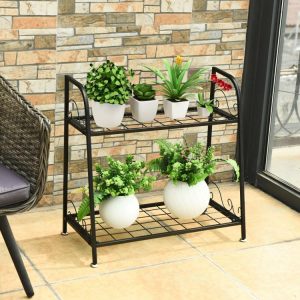 2-tier Patio Metal Plant Stand Black |   Plant Stands Garden Black