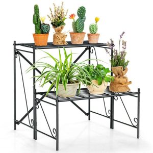 2-Tier Stair Style Metal Plant Stand for Indoor and Outdoor Black |   Plant Stands Garden Black