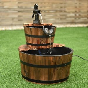 2-Tiers Outdoor Wooden Barrel Waterfall Fountain with Pump Brown |   Outdoor Decor Outdoor Brown