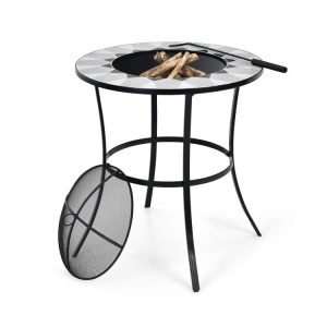 23.5 Inches Round Fire Pit Table with Mesh Cover and Fire Poker Black |   Fire Pits Fire Pits Black