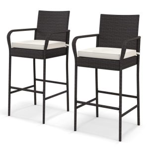 2/4 Pieces Outdoor PE Rattan Cushioned Barstool Set with Armrests  |   Patio Bar Furniture Outdoor & Patio Furniture Patio Bar Furniture