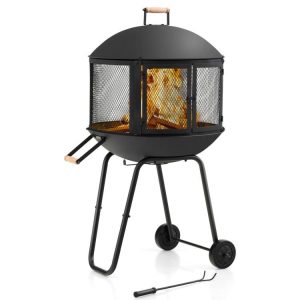 28 Inch Portable Fire Pit on Wheels with Log Grate Black |   Fire Pits Fire Pits Black