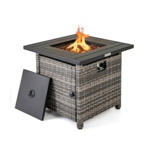 29 Inch Propane Rattan Firepit Table with Lava Rocks and Protective Cover Gray |   Fire Pits Fire Pits Fire Pits