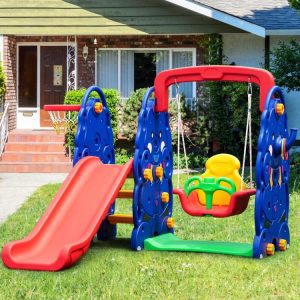 3-in-1 Junior Children Freestanding Design Climber Slide Swing Seat Basketball Hoop  |   Swing & Playsets Outdoor Play Swing & Playsets