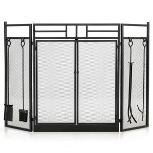 3-Panel Folding Wrought Iron Fireplace Screen with Doors and 4 Pieces Tools Set Black |   Fireplace Tools Outdoor Heating Black