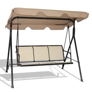 3 Person Steel Frame Patio Swing with Polyester Angle and Adjustable Canopy Brown |   Porch Swings Outdoor & Patio Furniture Brown