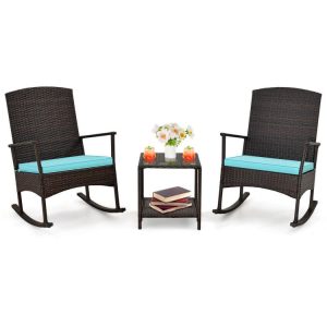 3 Piece Patio Rocking Set Wicker Rocking Chairs with 2-Tier Coffee Table Turquoise |   Patio Conversation Sets Outdoor & Patio Furniture Patio Conversation Sets