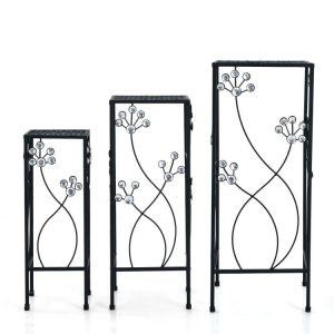 3 Pieces Flower Pots Display Rack with Vines and Crystal Floral Accents Square Black |   Plant Stands Garden Black