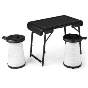 3 Pieces Folding Camping Table Stool Set with 2 Retractable LED Stools Black |   Camping Furniture Camping Black