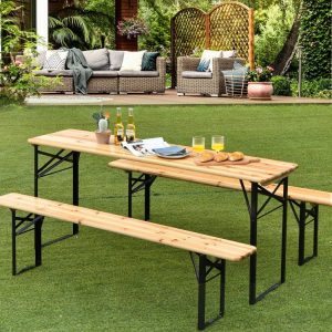 3 Pieces Folding Wooden Picnic Table Bench Set  Natural, Black |   Patio Tables Outdoor & Patio Furniture Natural & Black