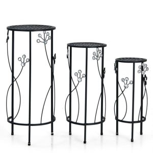 3 Pieces Metal Plant Stand Set with Crystal Floral Accents Round Black |   Plant Stands Garden Black