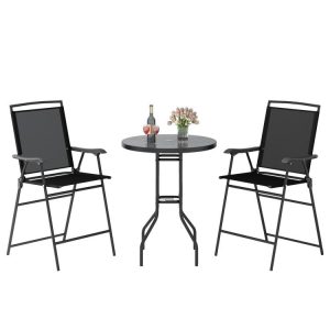 3 Pieces Outdoor Bar Stool Set with DPC Tabletop and Umbrella Hole for Poolside Black |   Patio Conversation Sets Outdoor & Patio Furniture Black